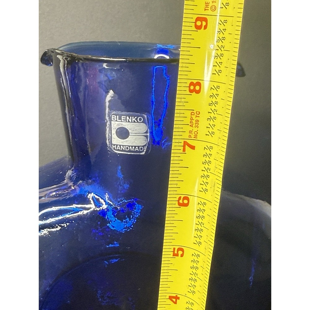 VTG Blenko Glass 384 Cobalt Blue Double Spout Water Bottle Pitcher Foil Label - Picture 13 of 13